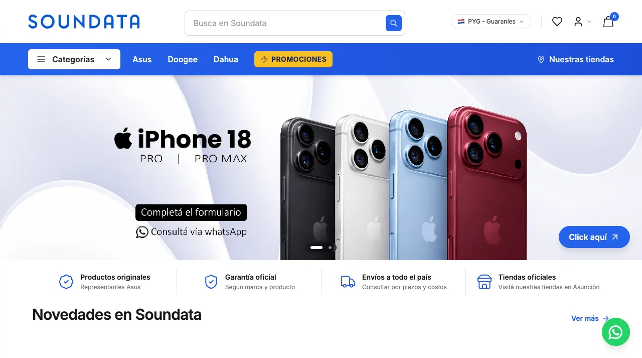Captura de la página de inicio de Soundata Store